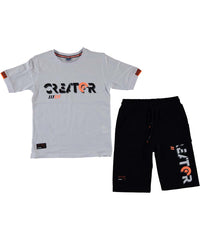 Compleu vara baieti, tricou si pantaloni scurti, Creator, bumbac, alb