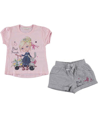 Compleu vara Best Friends, tricou si pantaloni scurti, bumbac, fete, roz
