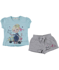 Compleu vara Best Friends, tricou si pantaloni scurti, bumbac, fete, bleu