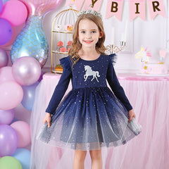 Rochita eleganta Silver Pony, volane tulle, albastru cu argintiu