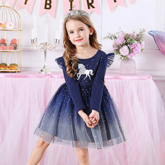 Rochita eleganta Silver Pony, volane tulle, albastru cu argintiu