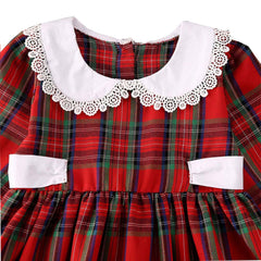 Rochita cu maneci lungi si guler alb, Craciunita, bumbac, carouri rosu cu verde