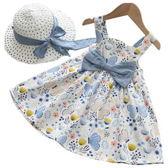 Rochita de vara cu palariuta, Kika, bumbac, bleu cu fluturasi imprimati