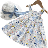 Rochita de vara cu palariuta, Kika, bumbac, bleu cu fluturasi imprimati