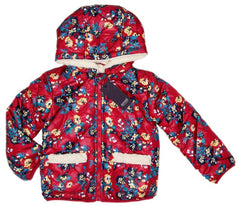 Geaca iarna impermeabila imblanita fete, gluga, Emoi, rosu cu floricele