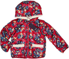 Geaca iarna impermeabila imblanita fete, gluga, Emoi, rosu cu floricele