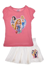 Compleu tricou si fusta, Printesele Disney, bumbac, roz cu alb