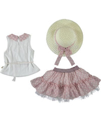 Compleu elegant Anais, Bluza, Fusta si Palariuta, bumbac, fete, roz pudra