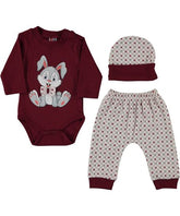Set body cu pantalonasi, trei piese, Iepuras, bebe, alb cu visiniu