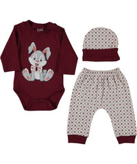Set body cu pantalonasi, trei piese, Iepuras, bebe, alb cu visiniu