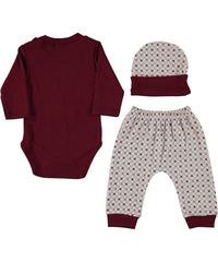 Set body cu pantalonasi, trei piese, Iepuras, bebe, alb cu visiniu