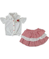 Compleu elegant fete, Anglaise, Bluza, si Fusta, bumbac, alb cu rosu