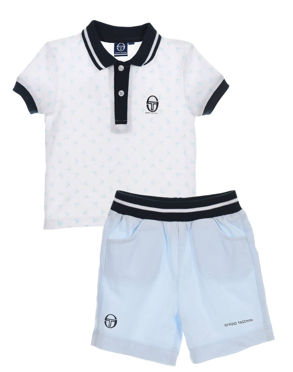 Compleu elegant bebe baieti, tricou si pantaloni scurti, Sergio Tacchini, bumbac, alb cu bleu