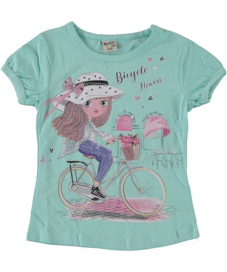 Tricou elegant fete, Bicycle Flowers, bumbac, verde turcoise