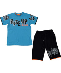 Compleu vara baieti, tricou si pantaloni scurti, Rise Up, bumbac, albastru